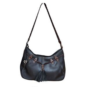 Brighton Black Brown Leather Purse Braided Tassels Heart Charm Thick Pebble